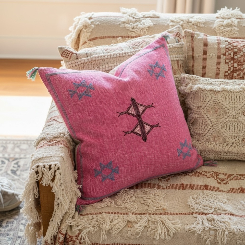 Hand made in Morocco, Pink Decorative Throw Pillow case.